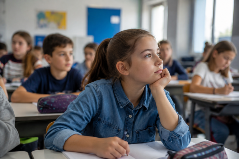 Élève distraite regardant par la fenêtre, illustration de l’attention en classe et des difficultés de concentration.