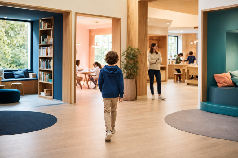 Un enfant avance vers plusieurs espaces d’apprentissage dans un lieu lumineux.