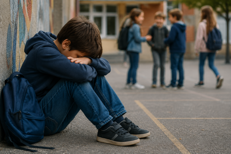 Harcèlement scolaire : enfant seul et triste dans une cour de récréation, illustrant les premiers signes d'une situation de harcèlement scolaire.