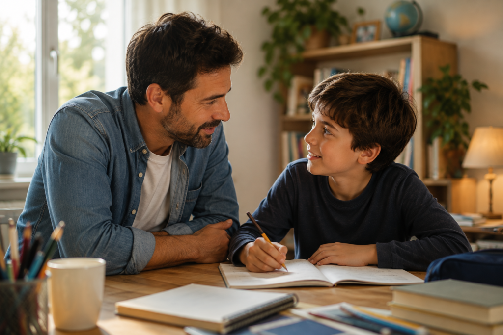Posture parentale d'un père accompagnant son enfant dans ses apprentissages