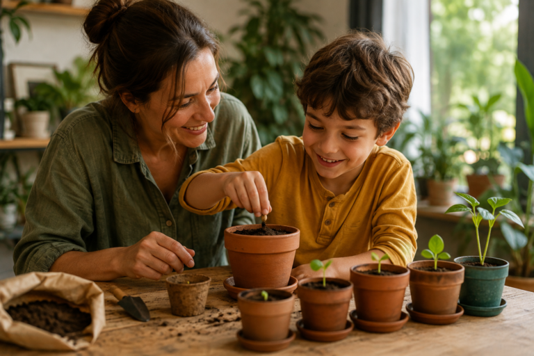 une mère encourage son fils après un exercice réussi de science sans utiliser de récompense matérielle, illustrant une motivation fondée sur le plaisir d'apprendre.