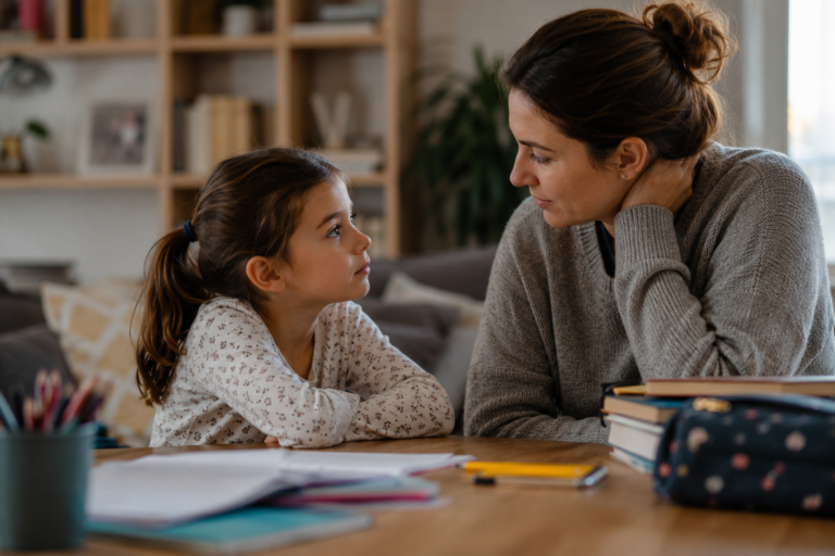 Une mère échange avec sa fille à la maison avant la rentrée scolaire.