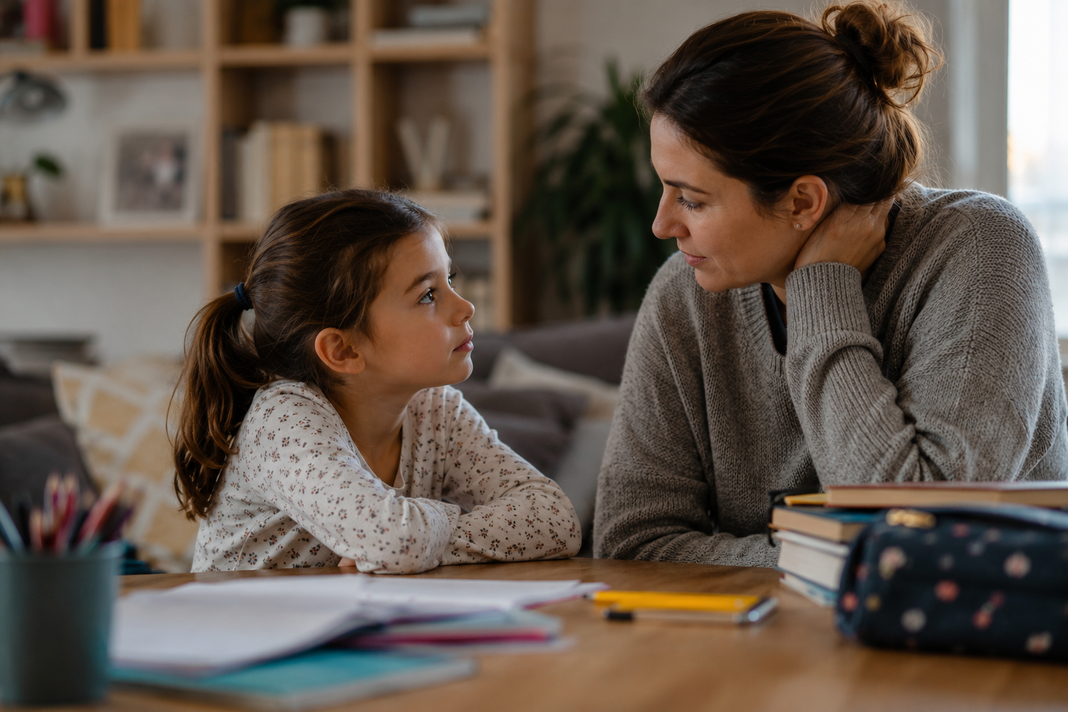 Une mère échange avec sa fille à la maison avant la rentrée scolaire.