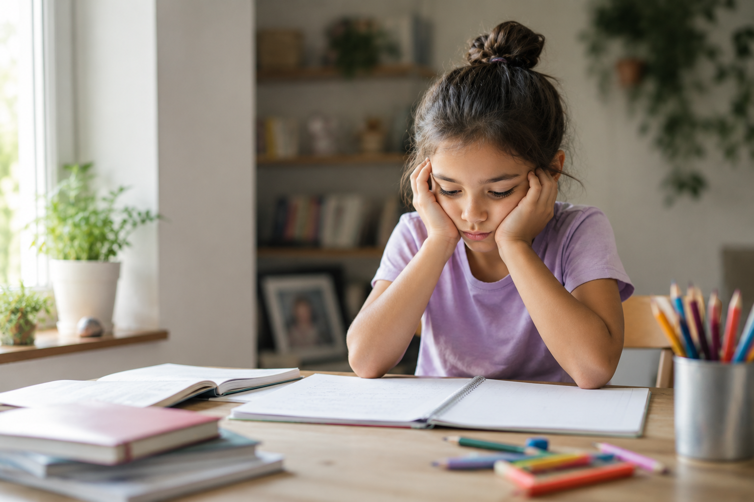 Enfant ayant perdu le plaisir d'apprendre face à ses devoirs dans un environnement calme.