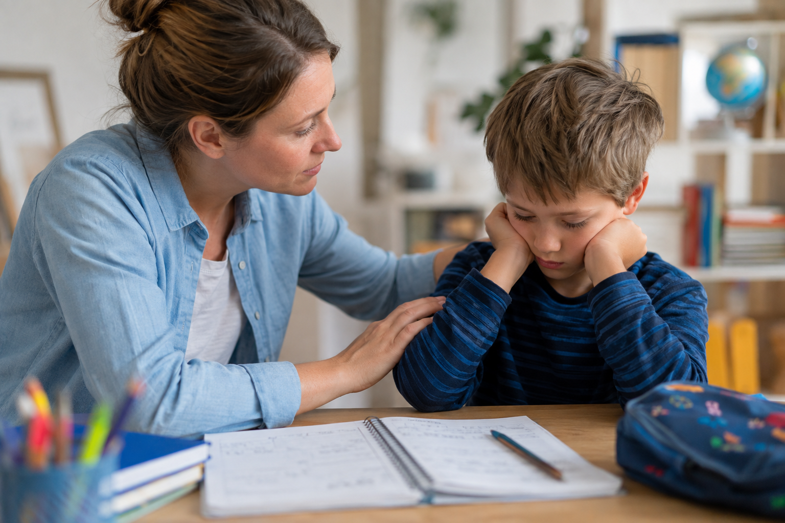 Mère accompagnant son enfant en difficulté scolaire pendant les devoirs afin de mieux comprendre l'impact des émotions sur les apprentissages.