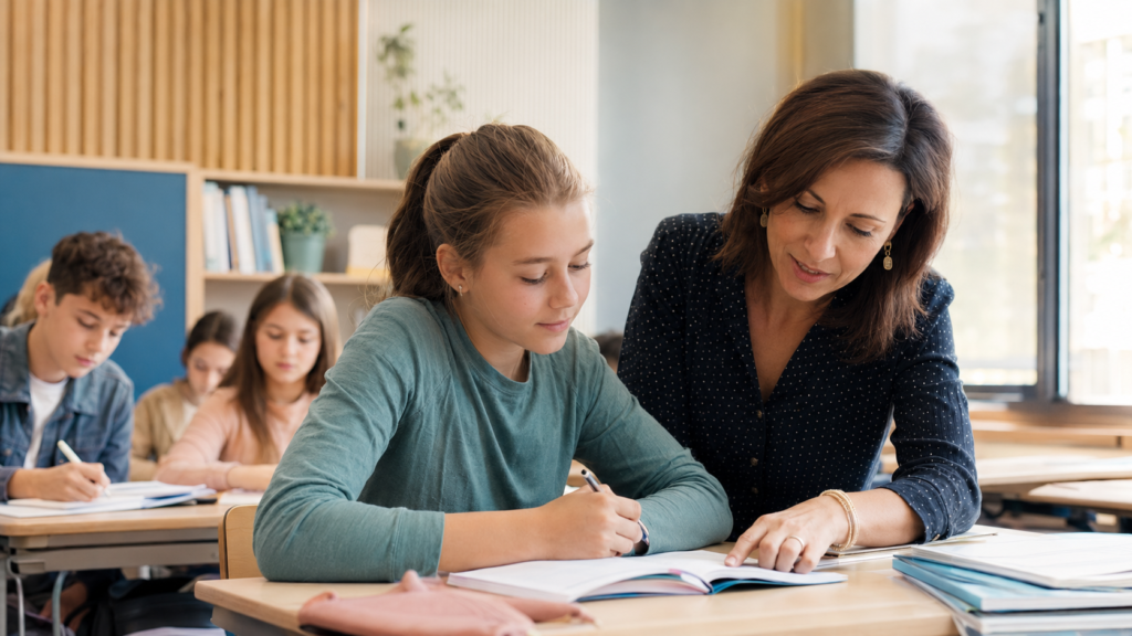 Enseignante accompagnant une élève avec Les difficultés d'apprentissage en classe