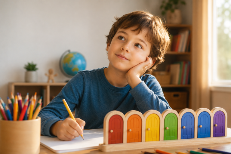 Les portes de l'apprentissage™ : un enfant découvre sa manière naturelle d'apprendre dans un environnement favorisant la curiosité et les apprentissages.