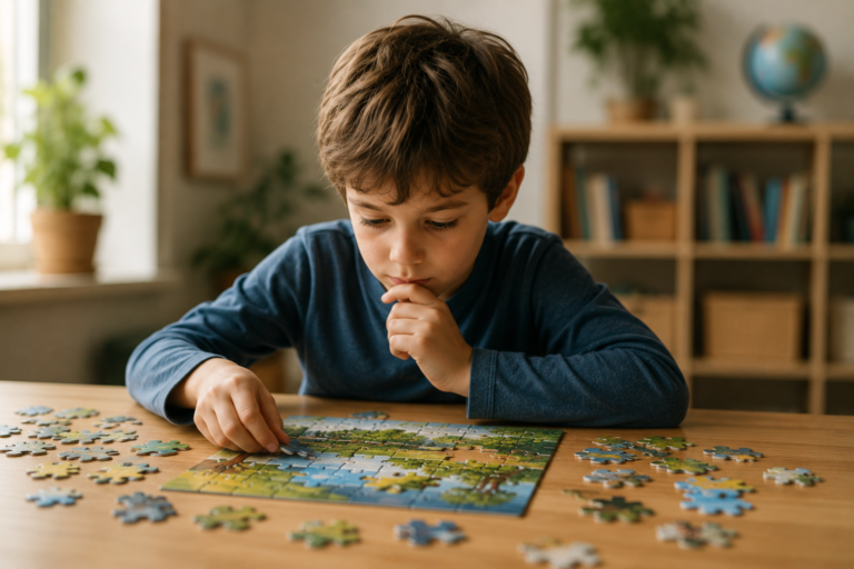 Les fonctions exécutives chez l'enfant illustrées par un enfant concentré qui assemble un puzzle dans un environnement calme favorisant les apprentissages.