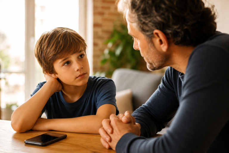 Un père échange avec son enfant avant de lui confier son premier smartphone.